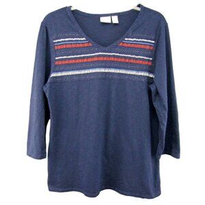 Chicos Blue Lace Sequin Stripe Top Womens Size M 1 Cotton 3/4 Sleeve